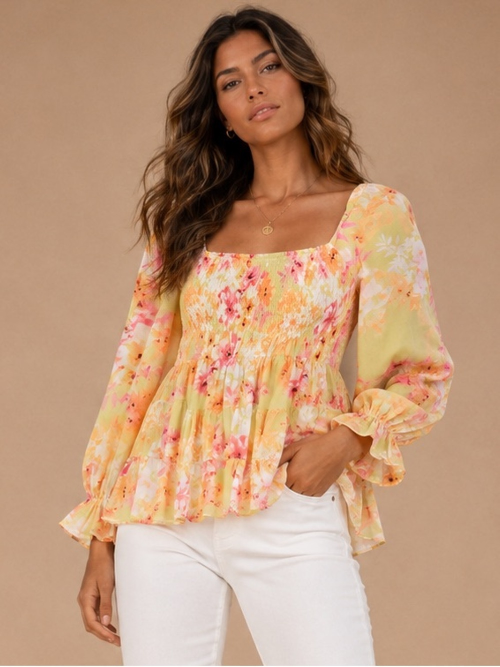 Flying Tomato Floral Smocked Boho Peasant Blouse XL Cottagecore
